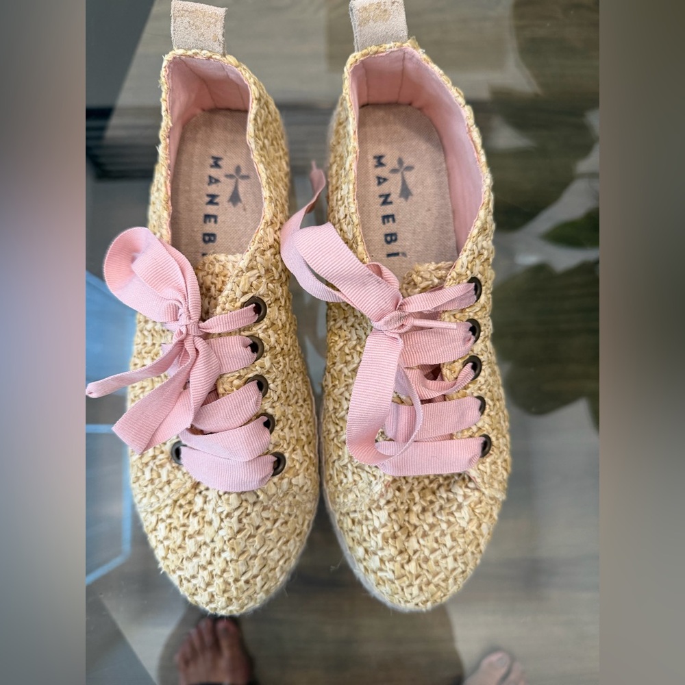 Manebí Women's Natural  Espadrille Sneakers with Pink Laces Size 39